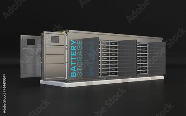 Fototapeta Containerized Battery Energy Storage concept. Doors opened. Storage batteries on racks. Generic design. 3D rendering image.