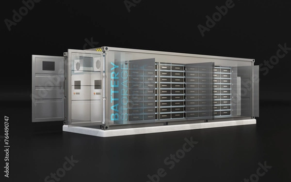 Obraz Ghost effect of Containerized Battery Energy Storage System on black background. Isometric view. Generic design. 3D rendering image.
