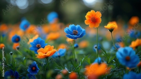 Fototapeta  A field of blue and orange flowers, with a bee atop each flower's center