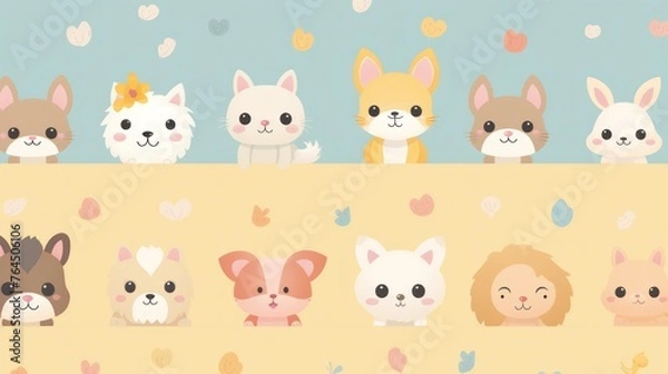 Obraz Tiger, cat, rabbit illustration design with blue background and flowers and leaves.