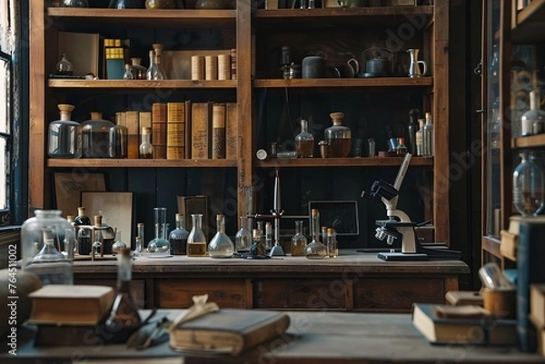 Fototapeta A vintage laboratory with old-fashioned glassware, antique microscopes, and shelves filled with dusty books and journals, Generative AI