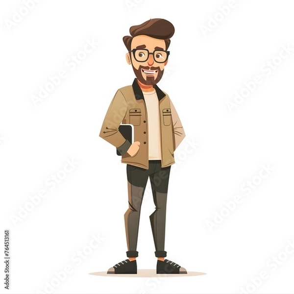 Fototapeta Cheerful Screenwriter in Cartoon Style Holding an on White Background