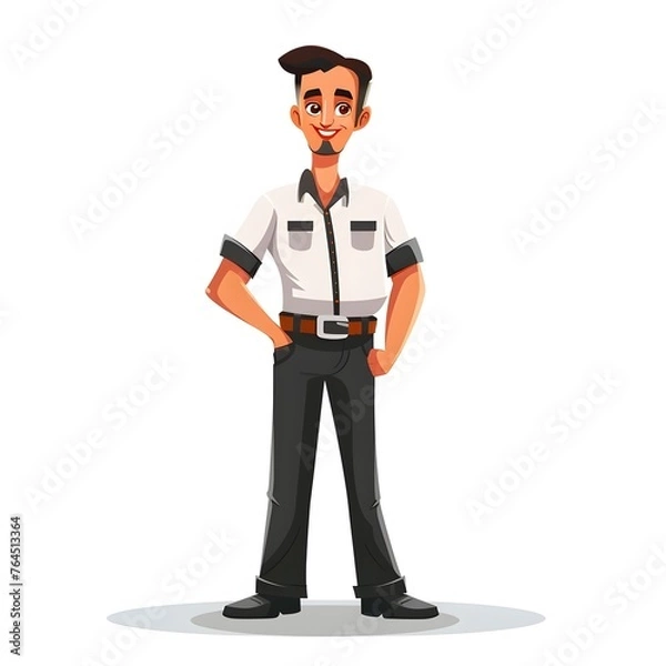 Obraz Cheerful Facilities Manager in Cartoon Style: Full-Length Portrait of a Security Guard in White Shirt and Black Pants