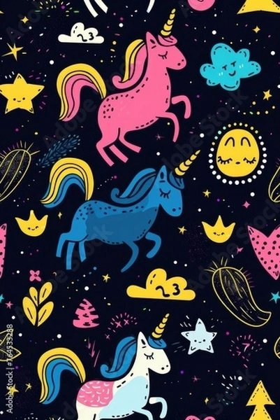 Fototapeta A whimsical pattern featuring unicorns and stars. Perfect for children's products or fantasy-themed designs