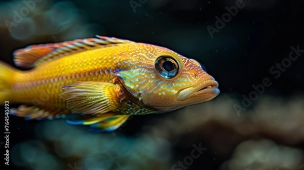 Fototapeta  Close-up image of a yellow fish with blue & white stripes on its body against a black background