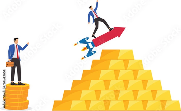 Fototapeta Fast Money, Economic Fast Food, Business Advantage, Quickly Increase Profits or Operating Income, Businessman Watches Colleagues Ride Rockets to Higher Piles of Gold Quickly
