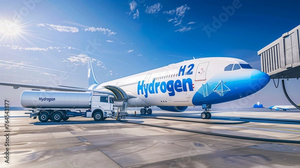 Fototapeta Jet aircraft powered by hydrogen, refueling at an airport. Sustainable aviation, fossil free fuel, H2 concept of future aviation. Bright light, blue sky. Refueling truck