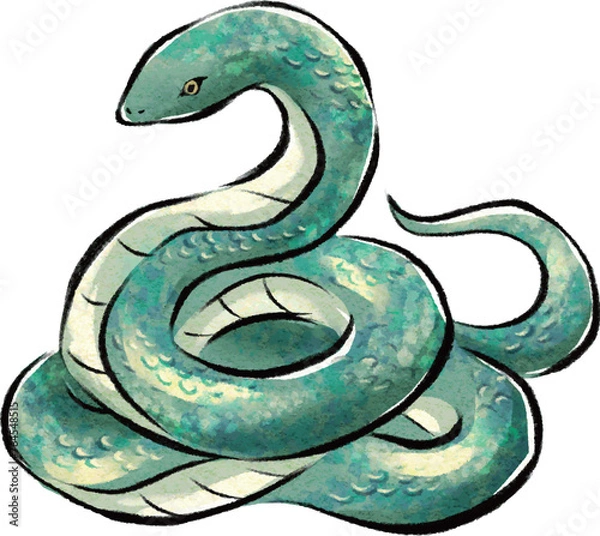Fototapeta 水彩で描いた緑色のヘビのイラスト