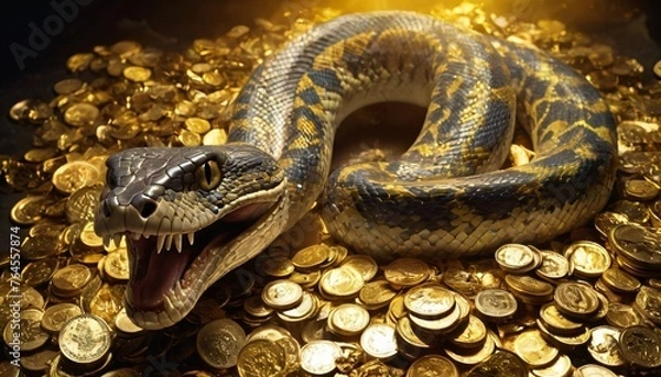 Fototapeta snake reptile with spots sits on treasures. Lying on a big pile of gold