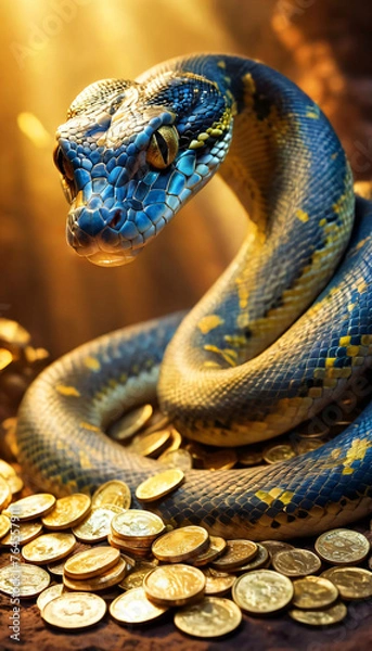Fototapeta snake reptile with spots sits on treasures. Lying on a big pile of gold