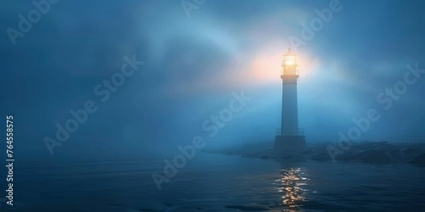 Fototapeta A lighthouse is lit up in the fog
