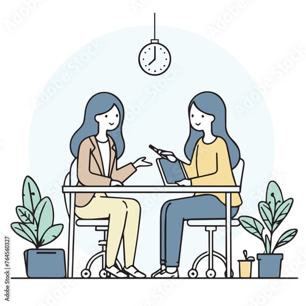 Fototapeta a girl meeting with her office, minimal design, outline with solid fill color, background white vector illustration line art 4