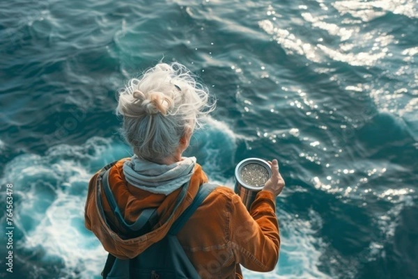 Fototapeta an elderly lady holds an urn with ashes and scatters the ashes over the sea, photo from the back, natural daylight, copy space for text. Funeral concept. Final resting place for a departed soul.