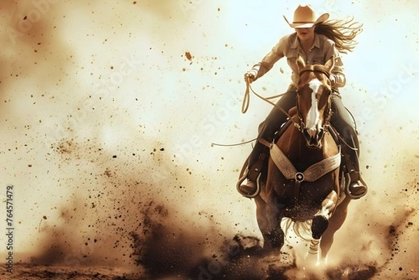 Obraz Cyfrowy plik projektu przedstawiający kobietę jeżdżącą na beczkach na rodeo z koniem. Koncepcja projektu cyfrowego, zawodniczka beczki, ustawienie rodeo, koń, poza akcji