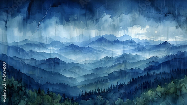 Fototapeta A painting of a mountain range with a stormy sky and rain falling