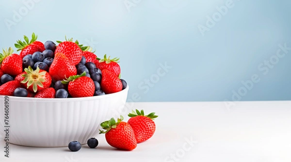 Fototapeta Ripe strawberries and blueberries in a white plate on the table on a light background with copy space. Juicy berries ready to eat, healthy eating. Ceramic bowl with berries. Harvest concept