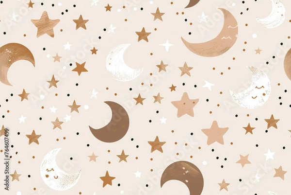 Fototapeta Enchanting seamless pattern with moons, stars, and dots in a warm, neutral palette is perfect for children's textiles, wallpapers, and gift wrap, bringing a whimsical touch to any product.