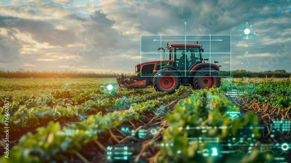Obraz Farming tractor in field at sunrise with futuristic digital agriculture icons symbolizing advance technology with smart farming analytics blending tradition with tech for sustainable agriculture