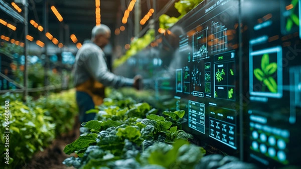 Obraz Agricultural worker, farmer monitoring plant health in high tech greenhouse, using digital data analysis for modern agricultural innovations and modern farming that uses technology for future of food