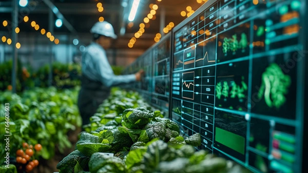 Obraz Agricultural worker, farmer monitoring plant health in high tech greenhouse, using digital data analysis for modern agricultural innovations and modern farming that uses technology for future of food