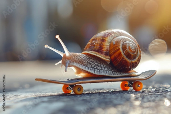 Fototapeta A small snail is riding a skateboard. a playful and whimsical mood. Slow snail skateboard. Speed increase, courier delivery, transportation, efficient fast movement, time saving fast delivery concept