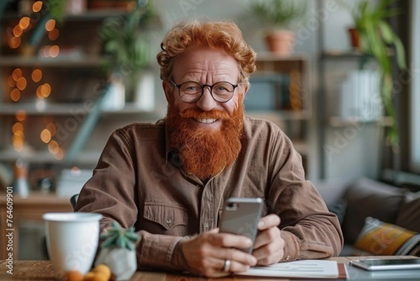 Fototapeta Portrait of happy senior man using mobile phone while sitting in cafe