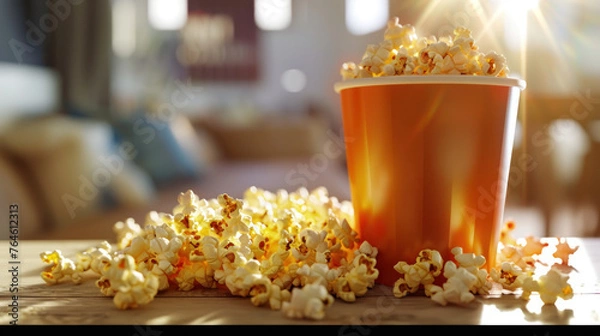 Obraz Delicious popcorn is placed on a cute table,