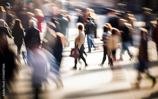 Fototapeta Abstract blurred background of business busy people walking on sidewalk at business center in the city.