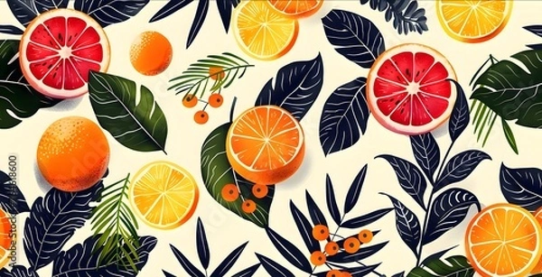 Obraz Complemented by decorative leaves and abstract elements, a vibrant illustration portrays an assortment of citrus fruits.