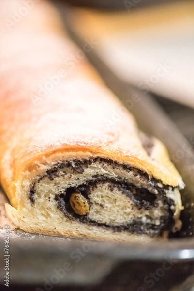Fototapeta Traditional homemade poppy cake with fruit and sugar