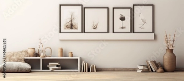 Fototapeta Three framed pictures hanging on the wall above a wooden table, showcasing various memories and moments captured in photographs