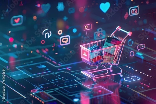 Fototapeta Futuristic shopping experience with a neon-lit smart cart full of goods, surrounded by floating digital icons in a virtual grocery store - AI generated