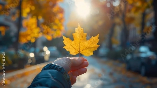 Obraz Hand holding a yellow fall leaf close-up in sunlight