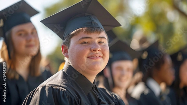 Fototapeta portrait of student in black graduation cap and gowns with down syndrome. 