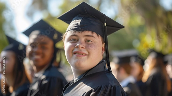 Fototapeta portrait of student in black graduation cap and gowns with down syndrome. 
