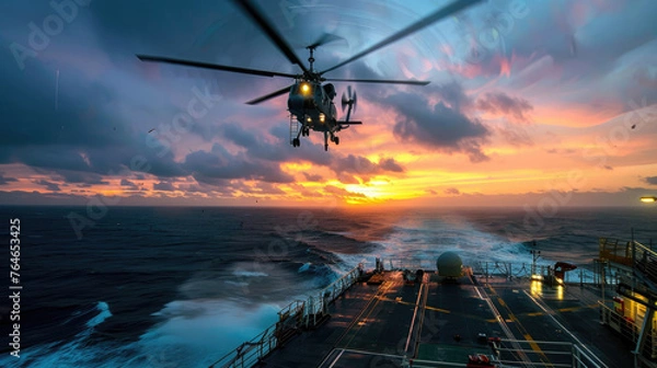 Fototapeta Helicopter landing of Offshore Platform with warm glow sky.