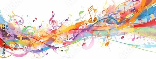 Fototapeta Abstract music notes background vector illustration with watercolor splash, musical elements and colorful tones on white isolated background. 