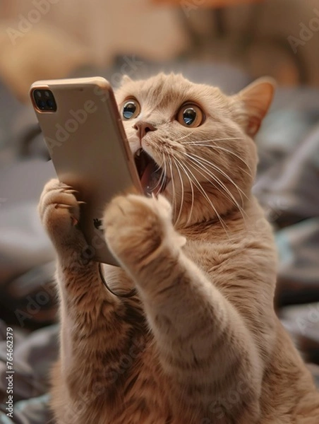 Obraz the cat on a cell phone who saw something funny