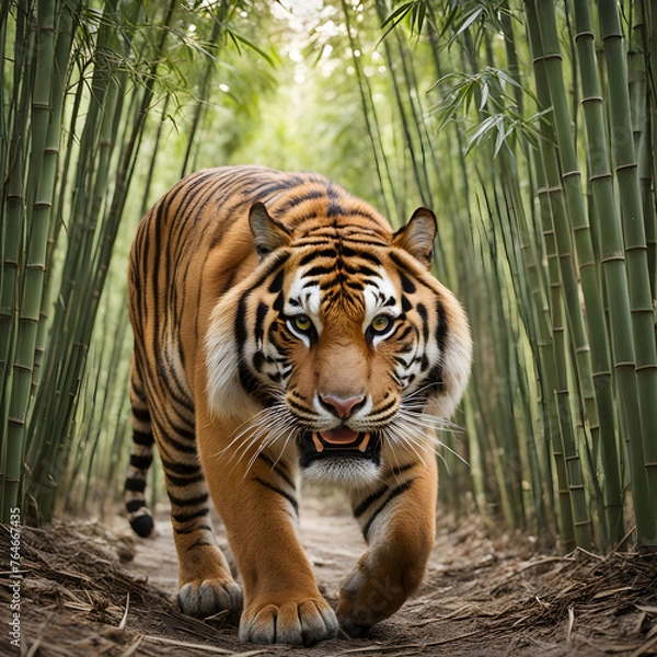 Fototapeta A fierce tiger prowling through a bamboo forest, its golden eyes gleaming with primal intensity as it hunts for prey