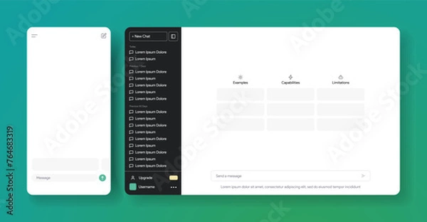 Obraz ChatGPT mobile and web interface. Open AI assistant chat. Artificial inteligence application mock-up. Text generator software. Machine learning tool. Vector illustration