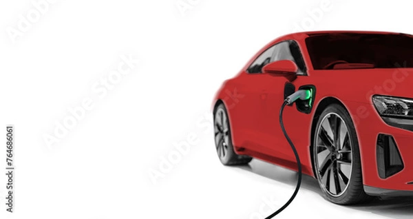 Fototapeta Modern electric car plugged in and charging on a white background