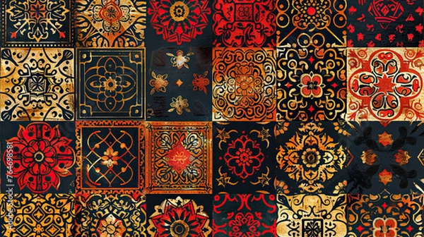 Fototapeta Digital seamless pattern block print batik vector Ajrakh.