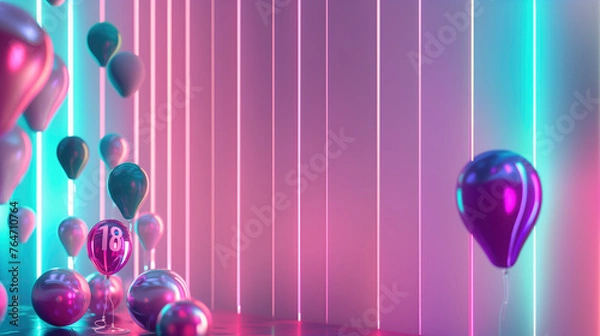 Fototapeta 18th birthday concept. number 18 on a pink balloon surrounded by balloons on a pink and blue neon light abstract background, copy space