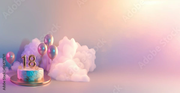 Fototapeta minimalist 18th birthday concept. cake with the number 18 on top surrounded by silver metallic balloons and clouds on simple white gradient background, copy space