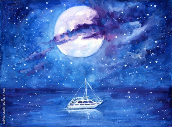 Fototapeta Watercolor illustration of a white yacht on a blue sea against the backdrop of a starry night sky and a bright moon (This illustration was drawn by hand without the use of generative AI!)