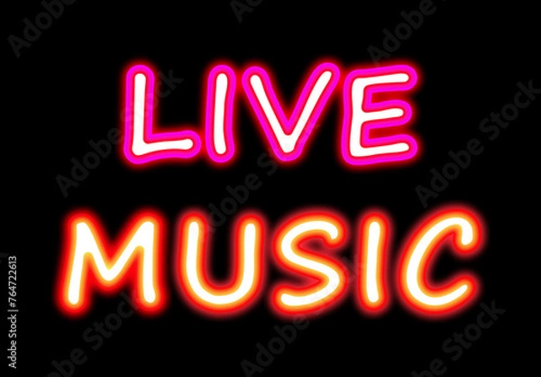 Obraz Live Music text neon sign. Illuminated signboard neon effect illustration