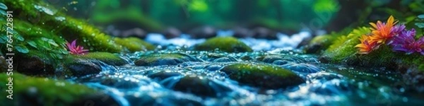 Fototapeta Photorealistic illustration of a forest stream in midsummer, close-up, stones overgrown with moss, flowers on the bank. Abstract background for design, space for text.