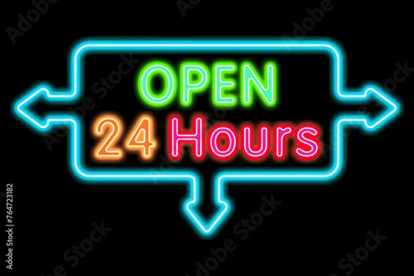 Obraz Open 24 Hours text neon sign. Realistic illuminated neon signboard illustration