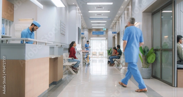 Obraz Establishing Shot of Active Local Indian Health Clinic Lobby, Representing Modern and Advanced Healthcare Services with Nurses and Doctors. Diverse Patients Waiting in Reception Hall in a Hospital