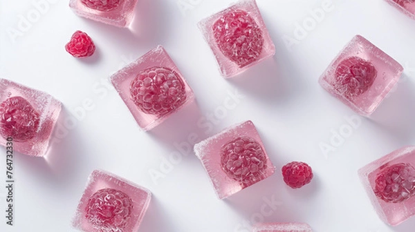 Fototapeta raspberry berries in ice cubes on a white background